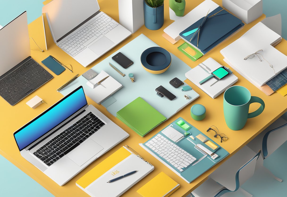 A table adorned with branded tech gadgets, luxury stationery, and trendy drinkware for corporate gifting