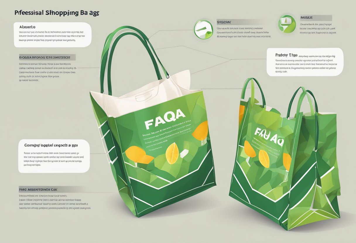 A reusable shopping bag unfolds with FAQ text visible