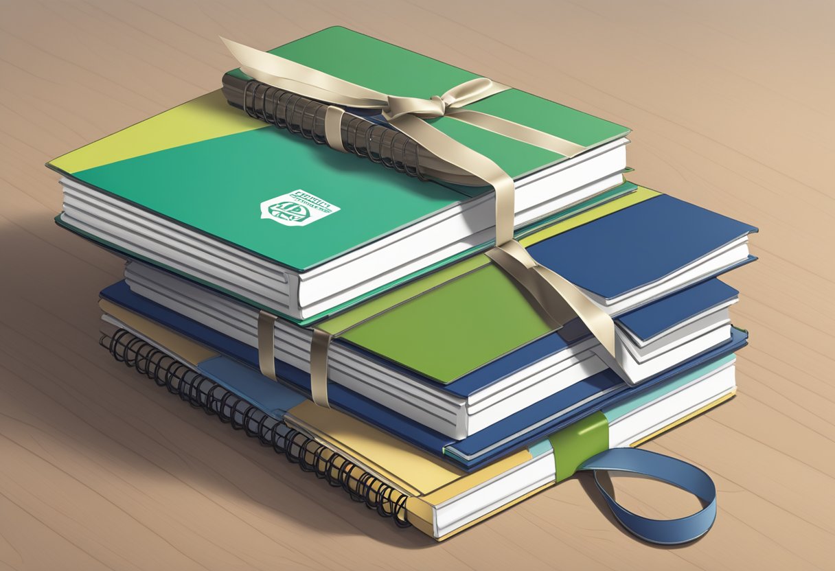 A stack of recycled notebooks with corporate branding, arranged neatly on a desk with a ribbon and a gift tag