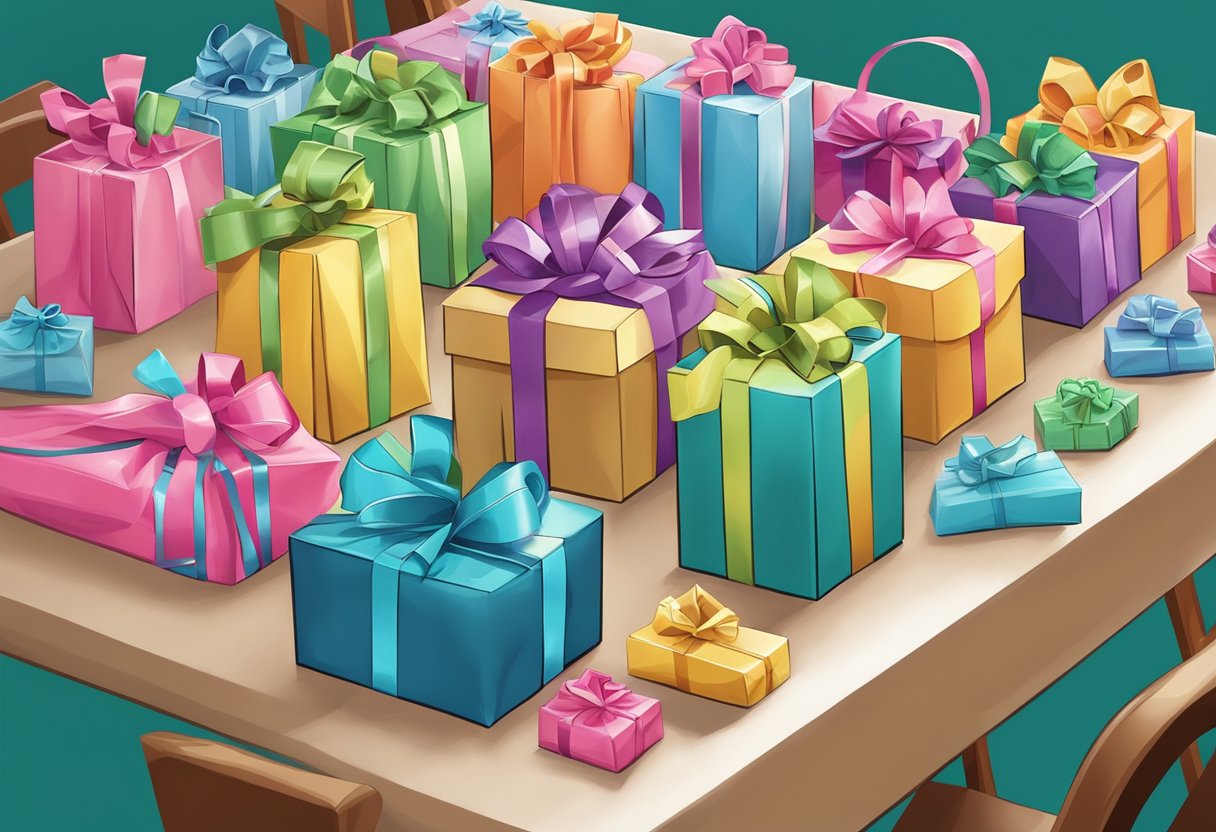 A table with assorted gift bags, tissue paper, and ribbons arranged neatly for a party or event