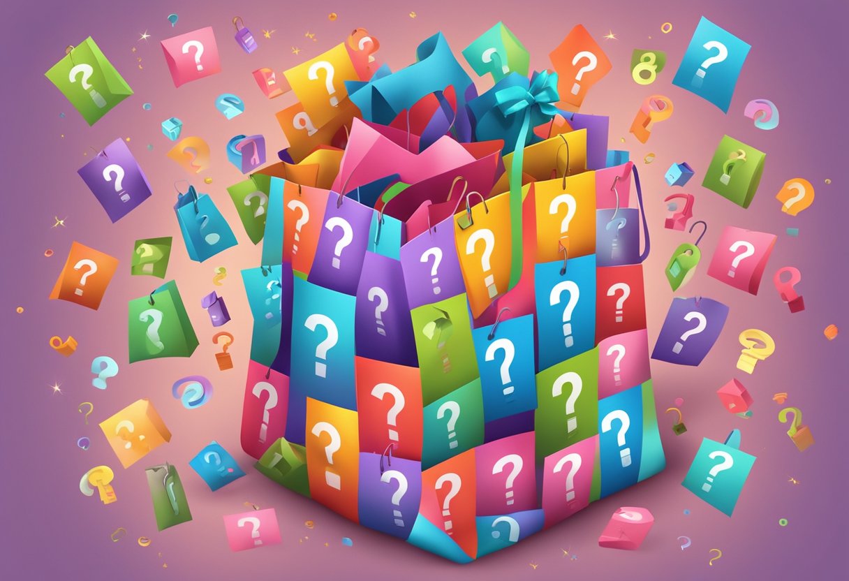 A colorful gift bag with "Frequently Asked Questions" printed on it, filled with various items and surrounded by question marks