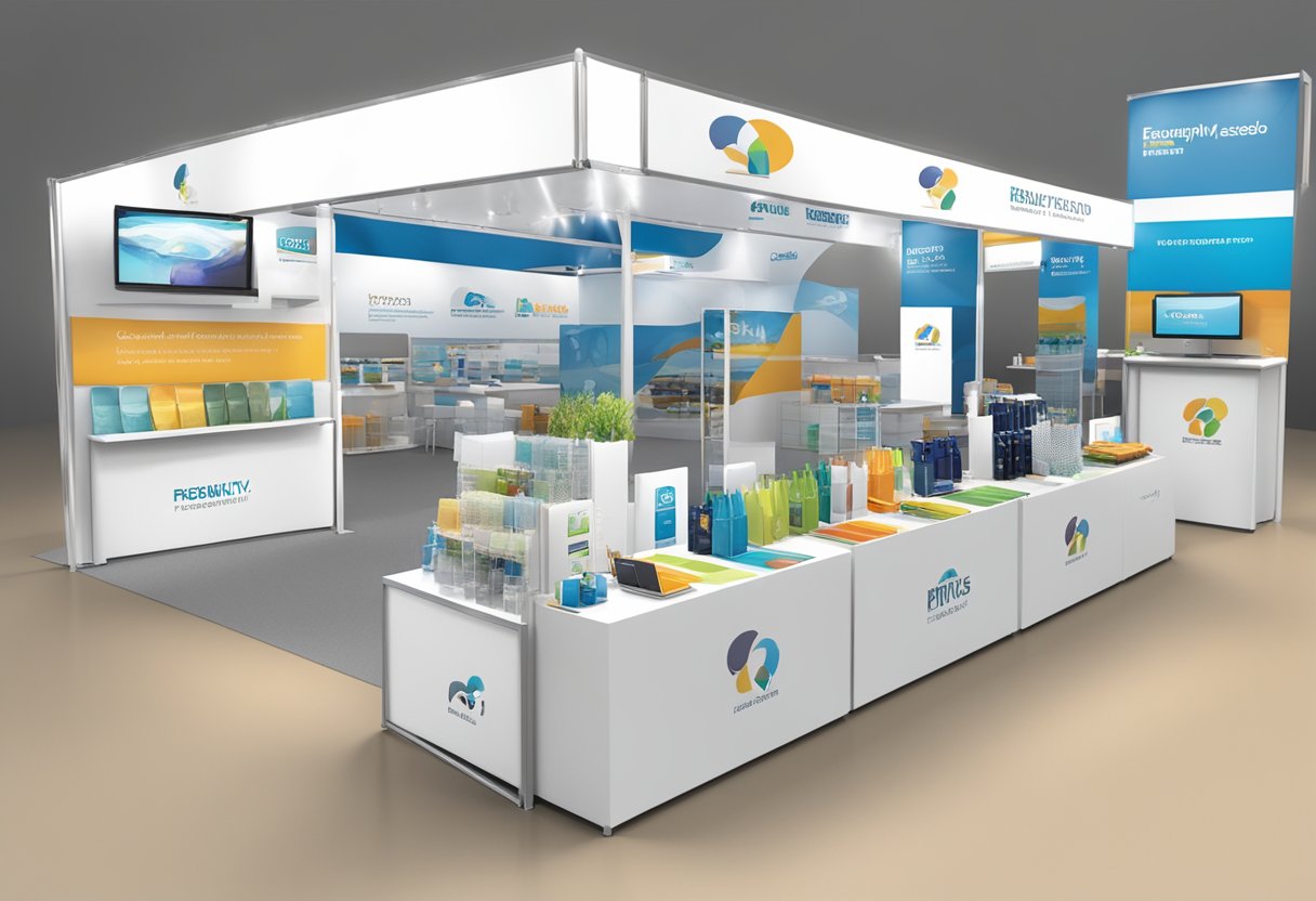 A table with branded merchandise and a sign reading "Frequently Asked Questions lifestyle corporate gifts" displayed at a trade show booth