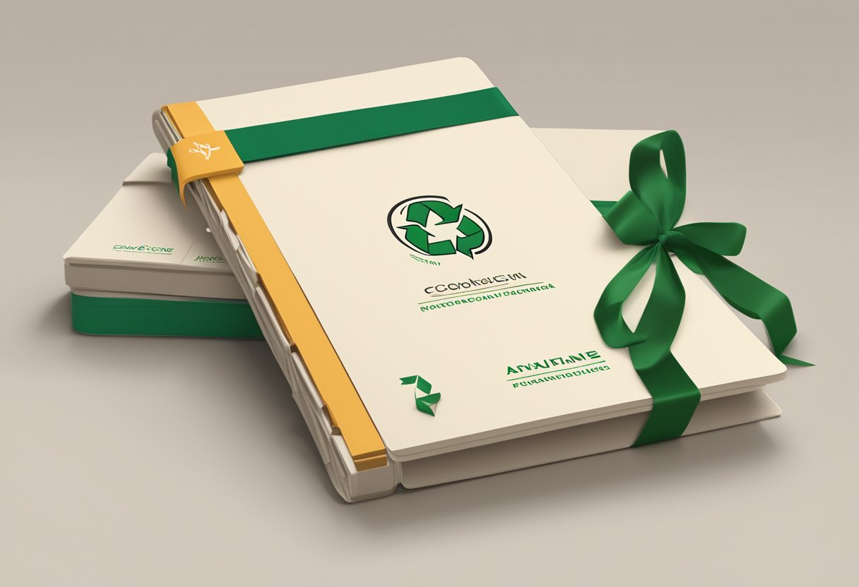 A stack of recycled notebooks with company logo on front, surrounded by eco-friendly packaging and a ribbon, ready for corporate gifting