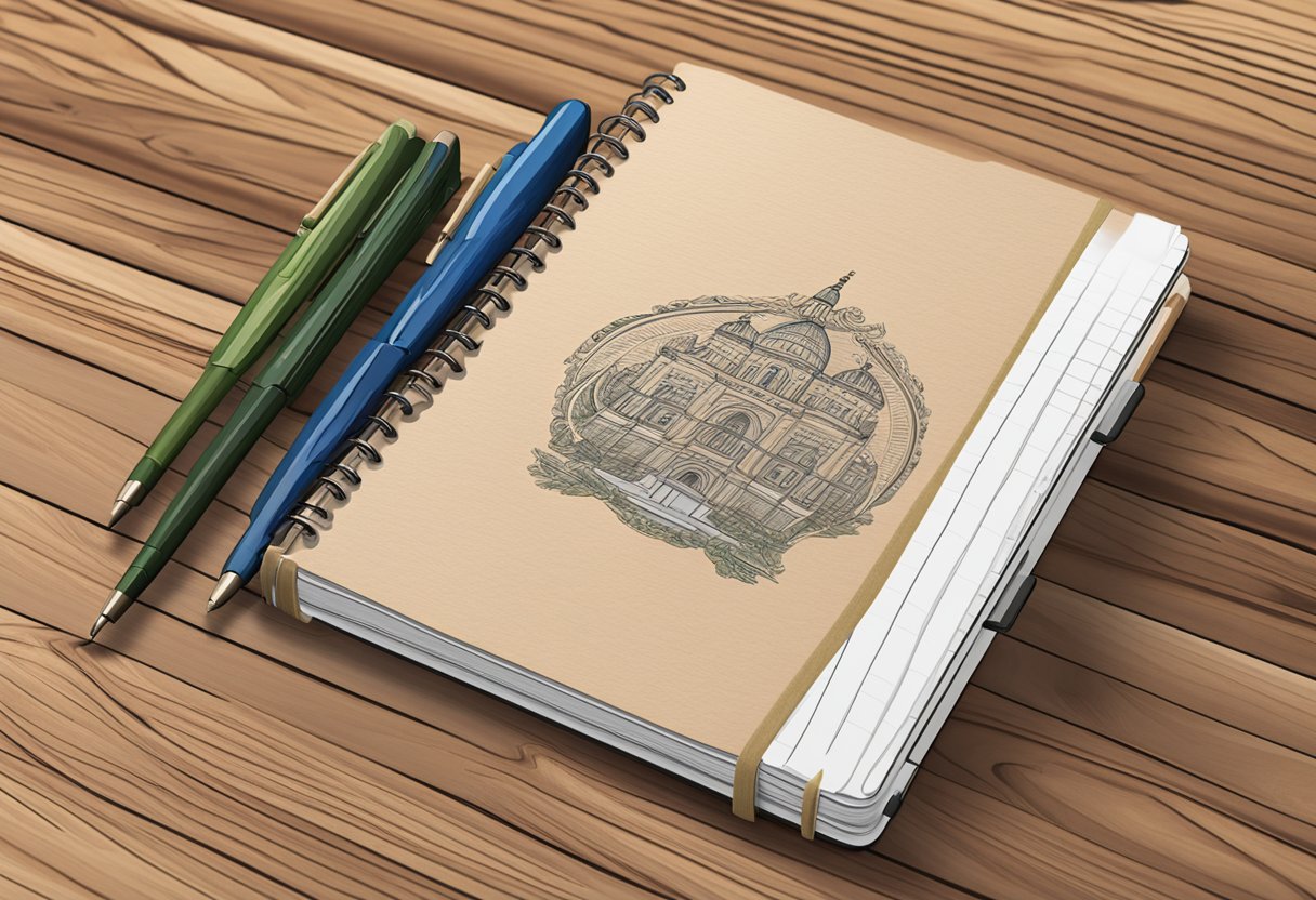 A personalized notebook lies open on a wooden desk, with a pen resting on top. The cover features a custom design and the pages are filled with handwritten notes