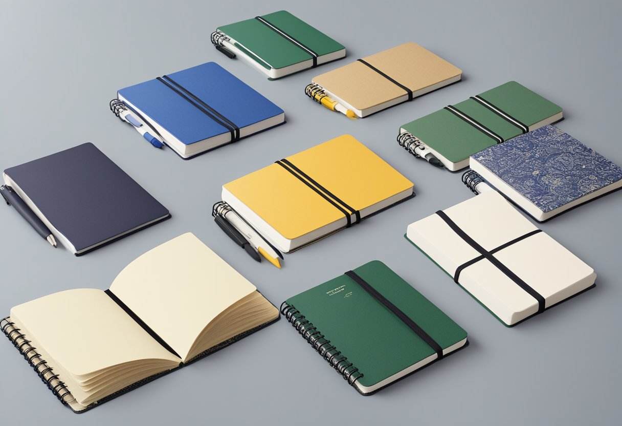 A table with a variety of recycled notebooks, each featuring different branding options for corporate gifts in Singapore