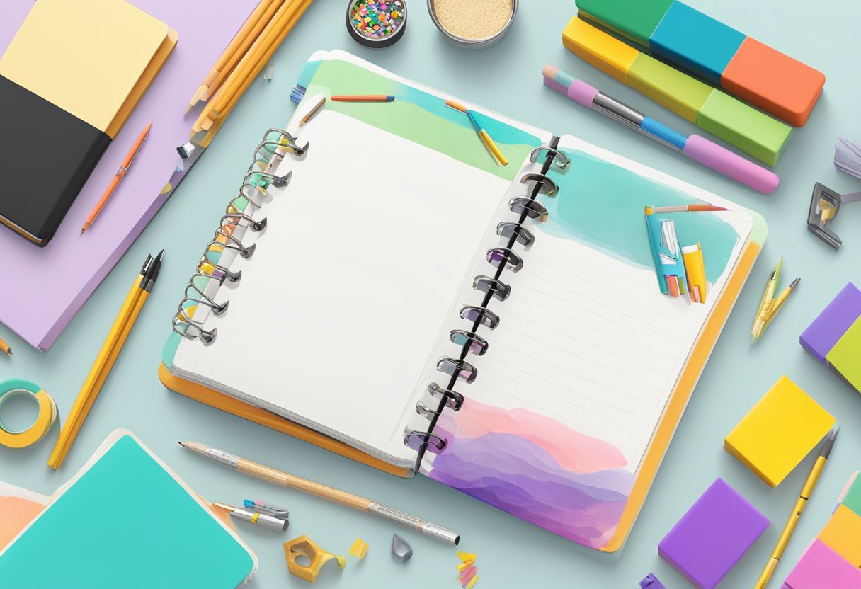 A personalized notebook with a custom cover design, open on a blank page, surrounded by art supplies like pens, pencils, and colorful washi tape