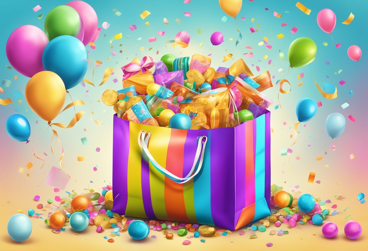 A colorful goodie bag overflowing with treats and trinkets, tied with a bright ribbon and surrounded by confetti and balloons