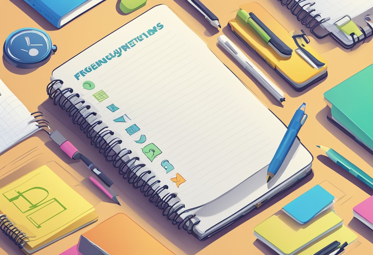 A personalized notebook with "Frequently Asked Questions" written on the cover, surrounded by various question marks and a bright color scheme