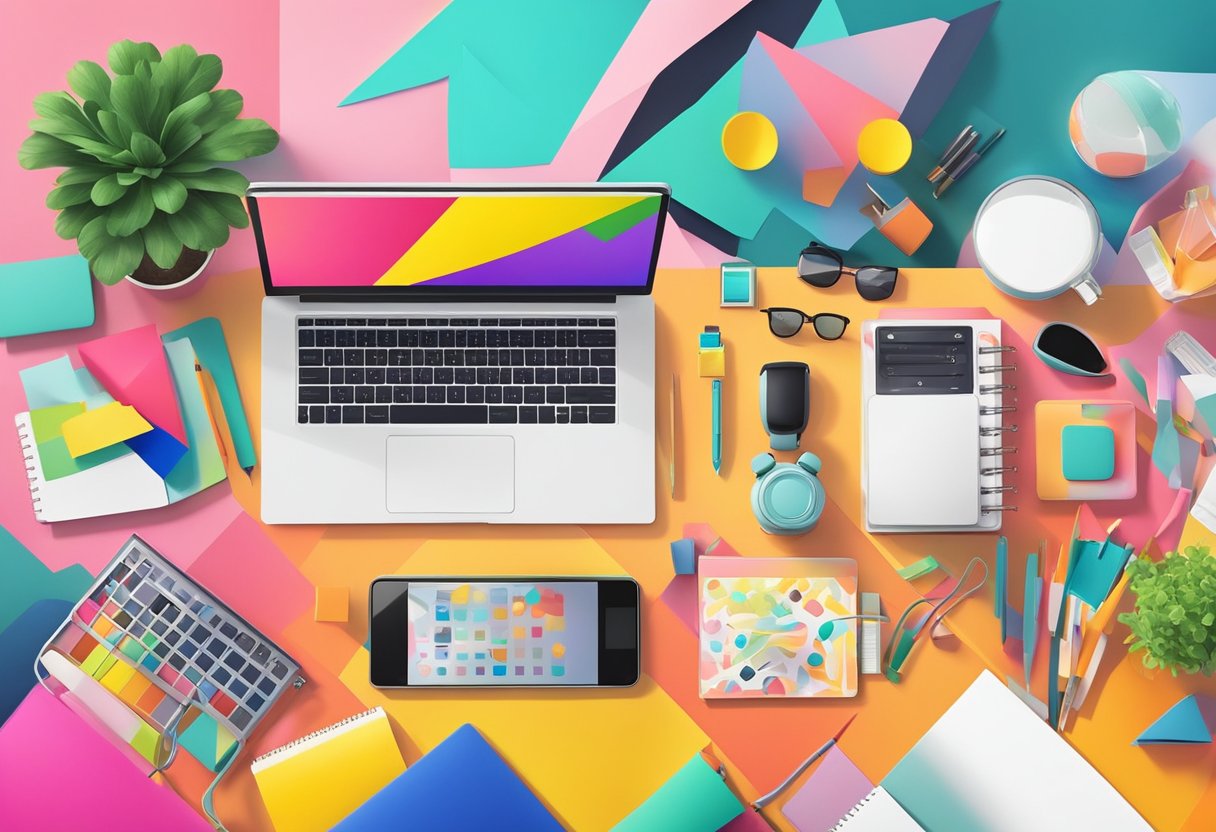 Colorful, quirky office supplies and gadgets arranged on a modern desk with a backdrop of vibrant, abstract art and a sleek, minimalist office space