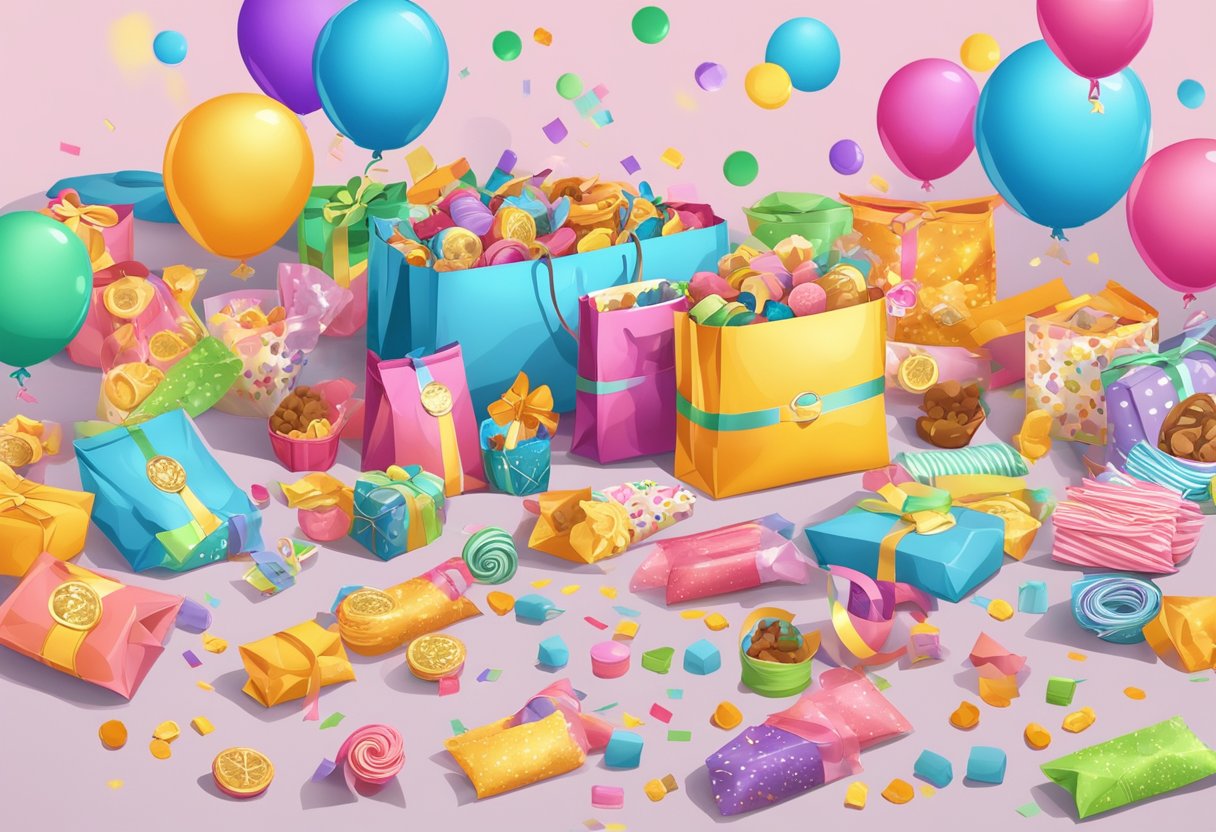 Colorful goodie bags arranged on a table with various treats and toys spilling out, surrounded by ribbons, stickers, and confetti