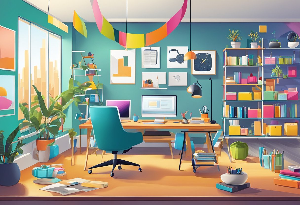 Colorful, modern office setting with unique, quirky gifts on desks and shelves. Tech gadgets, stylish accessories, and playful decor items create a vibrant, innovative atmosphere