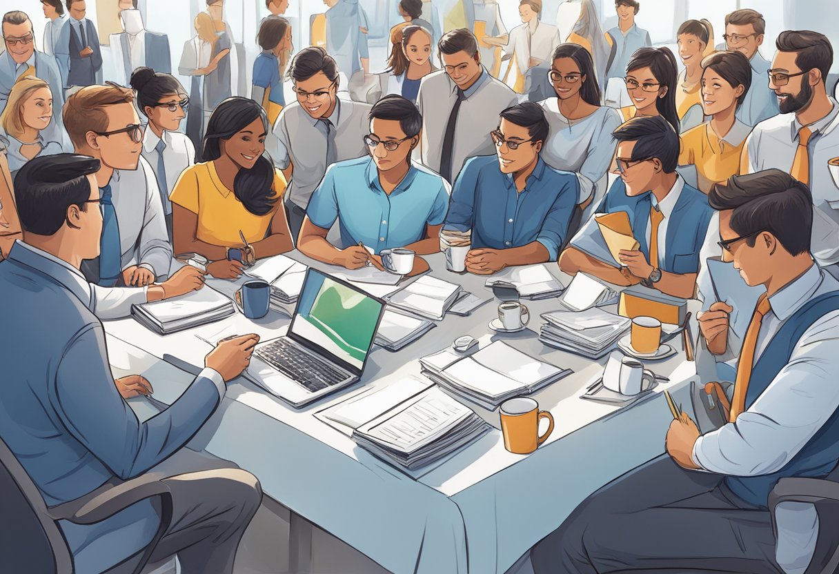 A table adorned with branded merchandise, including mugs, pens, and notebooks, is surrounded by eager employees at a corporate event