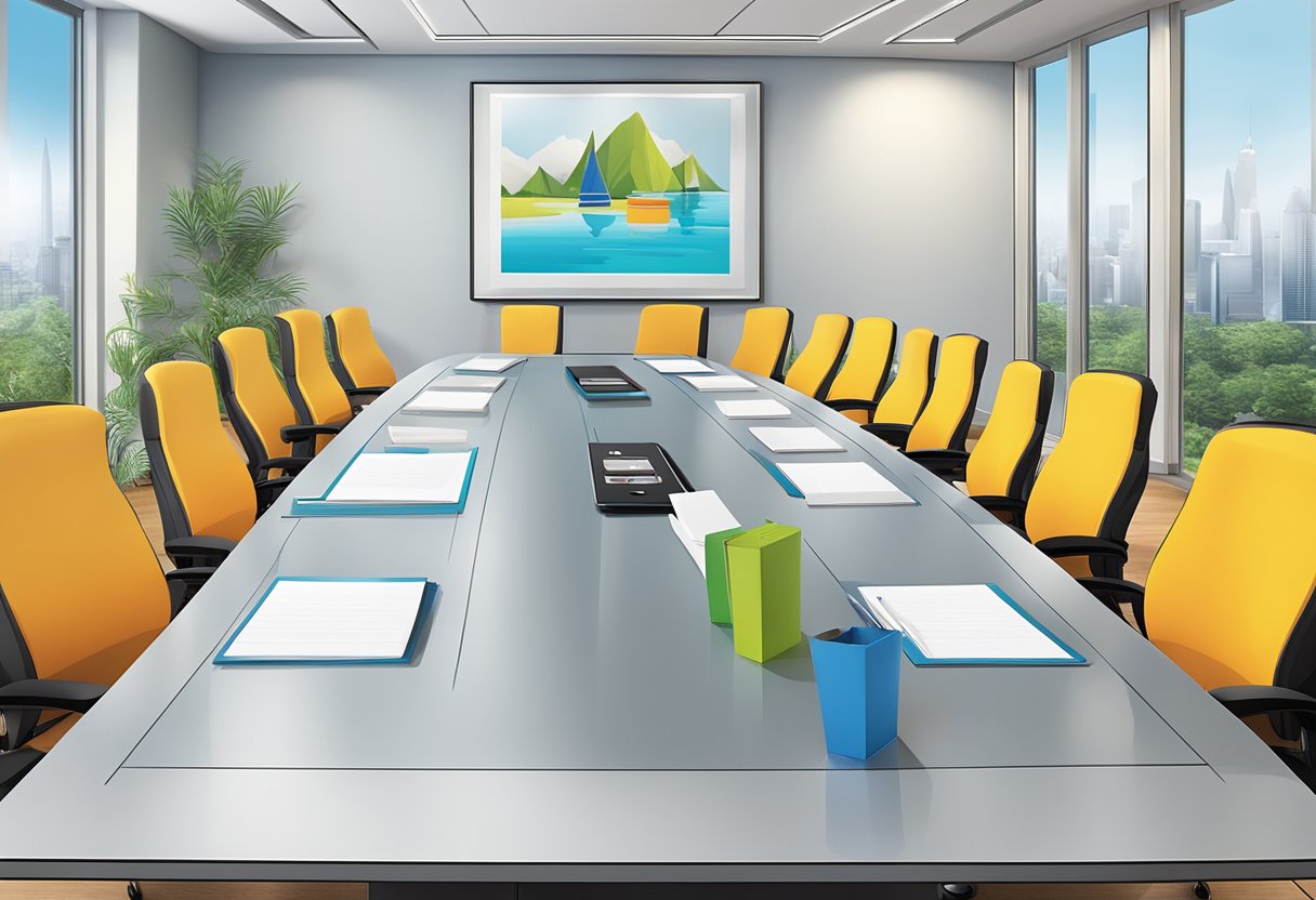 A conference room table adorned with unique, branded gifts and promotional items. Bright colors and modern designs convey a sense of creativity and professionalism