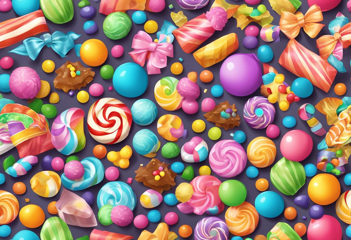 A colorful assortment of candies, small toys, and stickers fill the goodie bag, spilling out onto a table