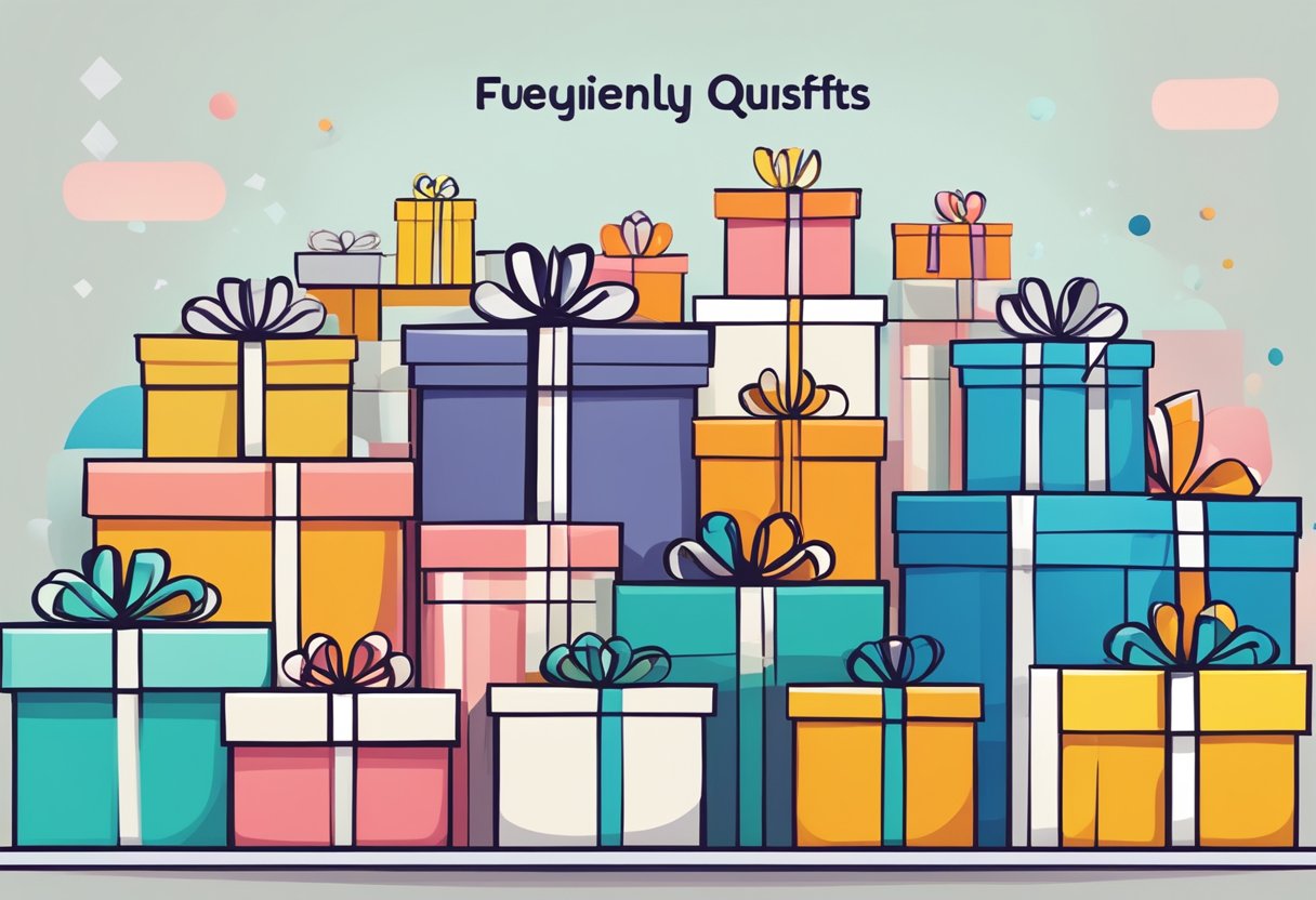 Colorful gift boxes with quirky designs arranged on a sleek, modern display stand. A sign above reads "Frequently Asked Questions funky corporate gifts."