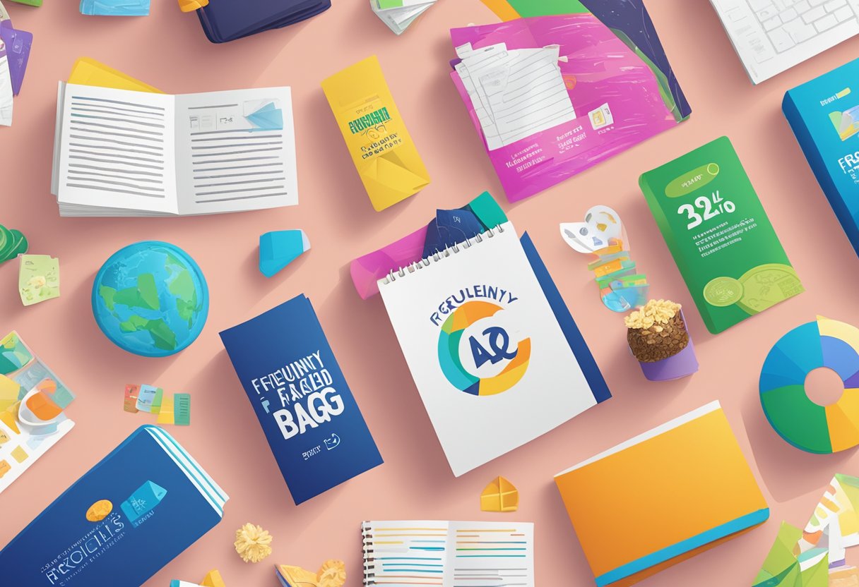 A table with a colorful "Frequently Asked Questions" goodie bag surrounded by various items such as brochures, stickers, and promotional materials