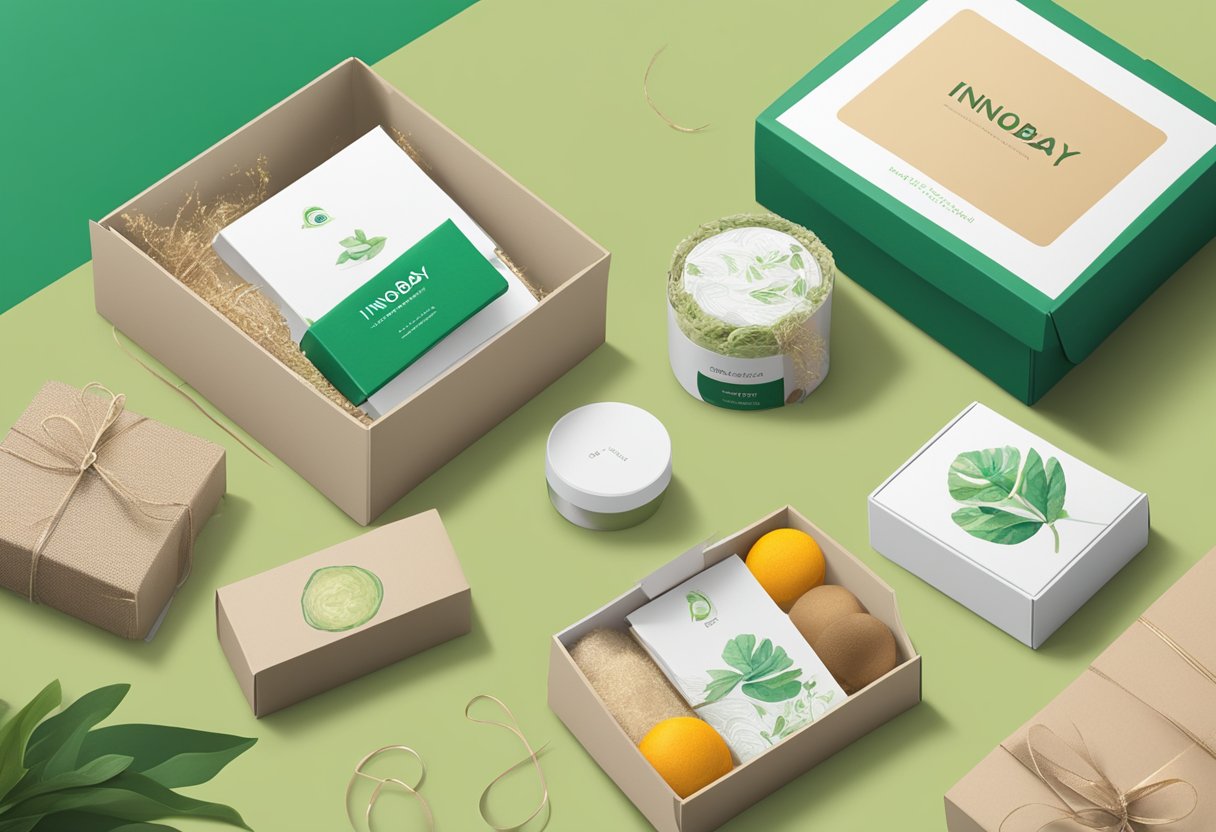 A hand reaches for a sleek, eco-friendly gift box labeled "Innobay Corporate Gifts." The box is surrounded by sustainable packaging materials and high-quality product samples