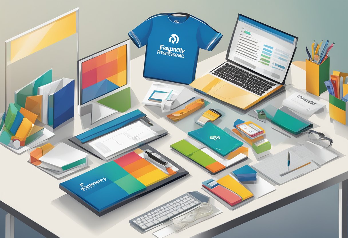 A table with various corporate gifts, logo-branded items, and promotional products displayed. A sign reading "Frequently Asked Questions" is prominently featured