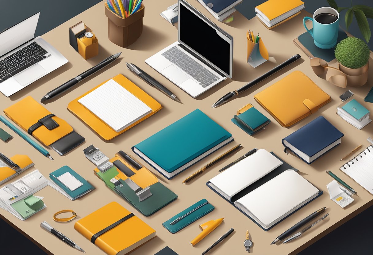 A table displaying a variety of high-quality corporate gifts, including branded pens, leather notebooks, and elegant desk accessories