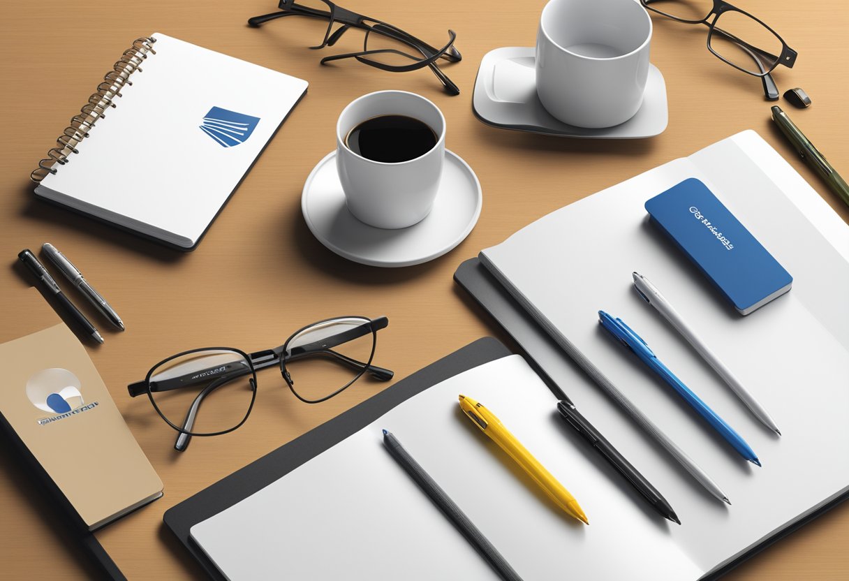 A table with branded gift items like pens, notebooks, and mugs displayed. Company logo prominently featured on each item