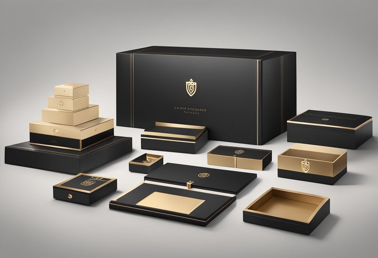 A polished wooden desk adorned with exquisite custom corporate gifts. Luxurious packaging and elegant branding