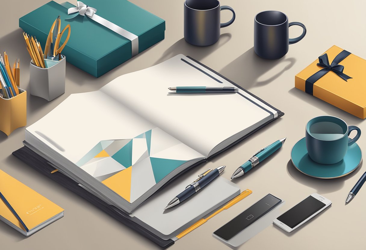 A table with a variety of corporate gifts: branded pens, leather notebooks, custom mugs, and elegant gift boxes
