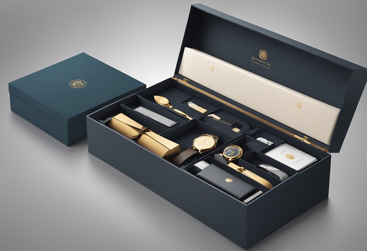 A sleek, custom-designed gift box opens to reveal a collection of high-end corporate gifts, each meticulously crafted with exquisite materials and personalized details