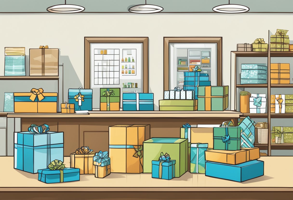 A table with various corporate gift options displayed, including branded items, gift baskets, and custom packaging. A sign with "Frequently Asked Questions" is visible