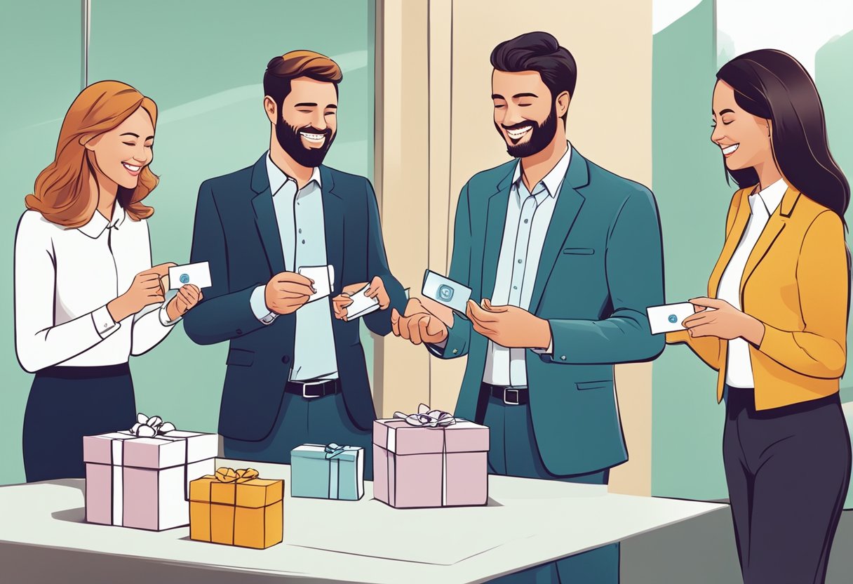 A group of employees smiling and exchanging gift cards in a corporate setting