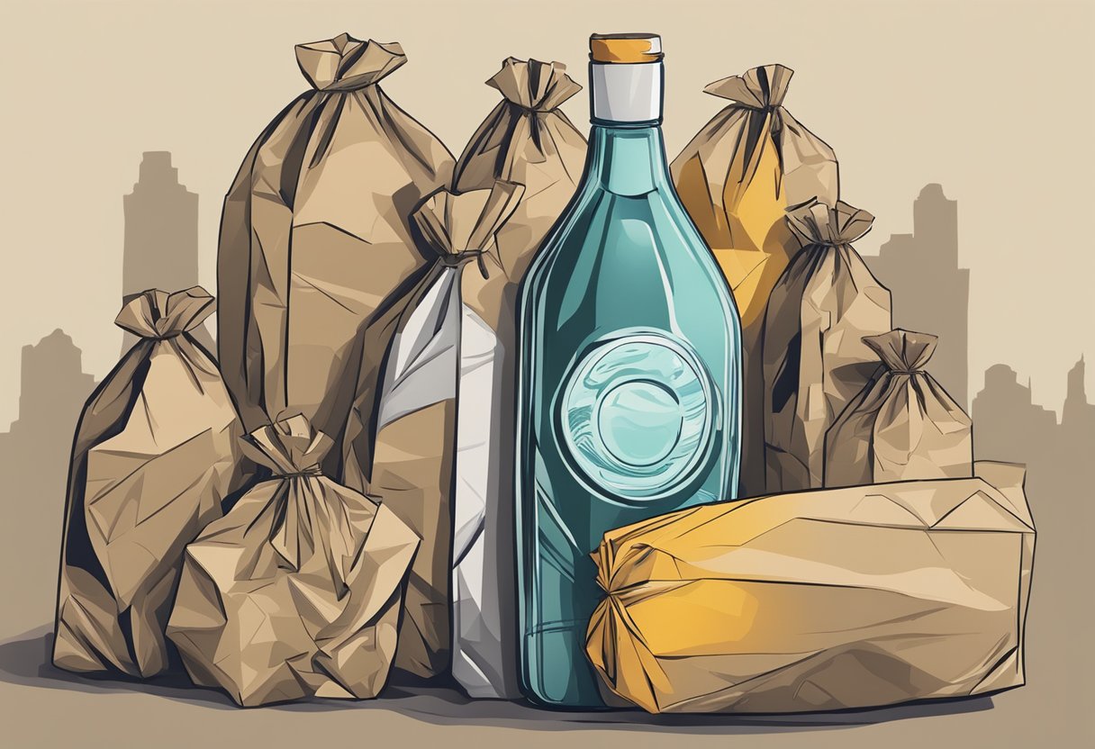 A bottle surrounded by crumpled paper bags