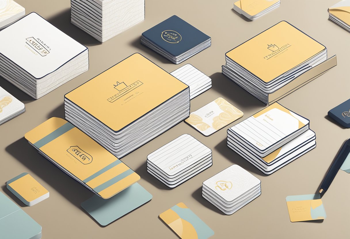 A stack of branded gift cards displayed on a sleek modern desk, surrounded by elegant packaging and a handwritten note