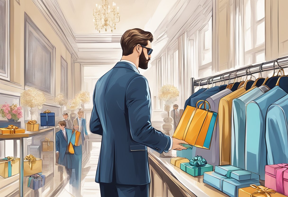 A well-dressed person carefully chooses from an array of exquisite corporate gifts, each one reflecting luxury and thoughtfulness