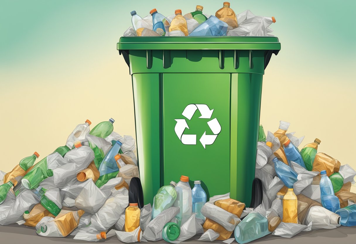 A recycling bin overflows with plastic bottles and paper bags, highlighting the environmental impact and the need for sustainability