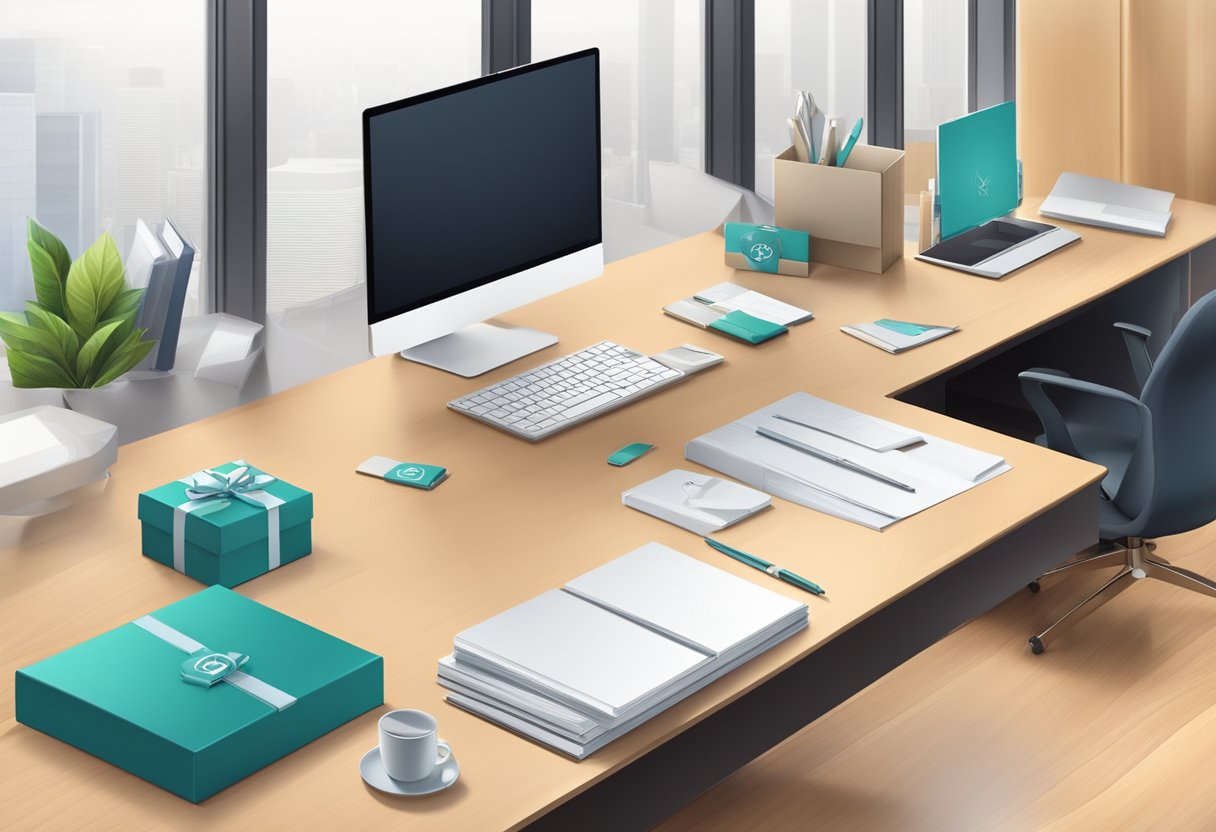 A sleek, modern office desk with a stack of elegant gift boxes bearing the company logo. A sophisticated, professional atmosphere