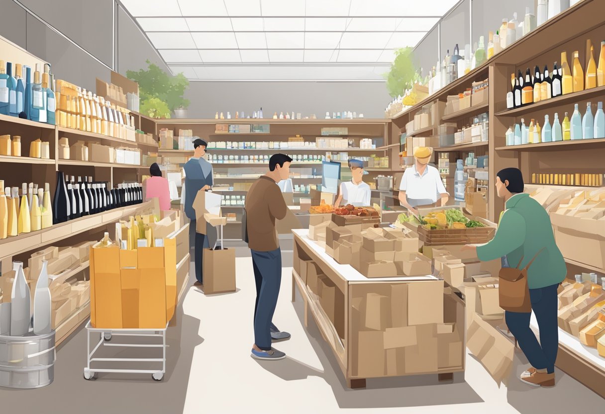 Bottles and paper bags arranged in a market display, with customers browsing and interacting with the products