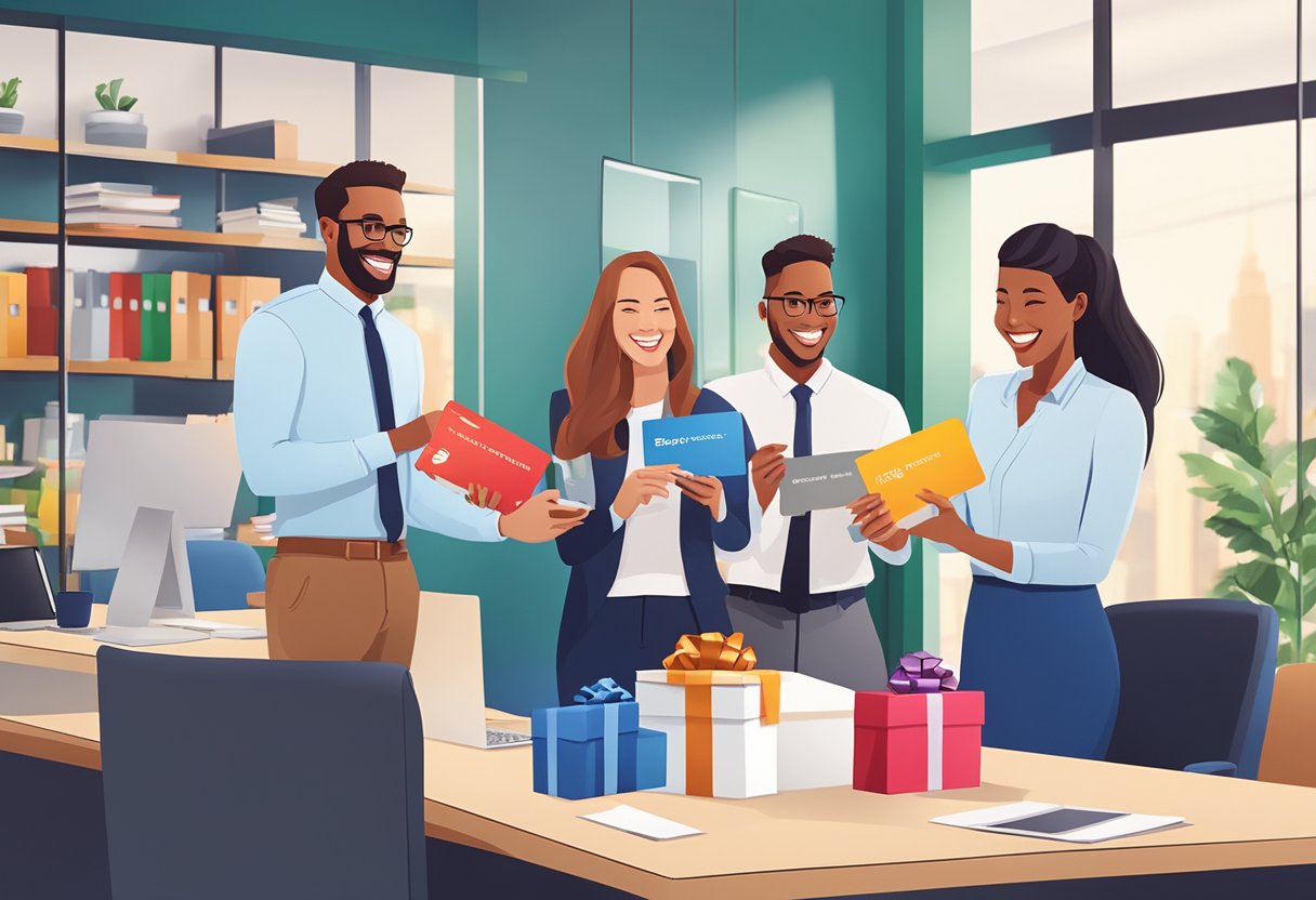 Employees smiling, receiving gift cards in a festive office setting