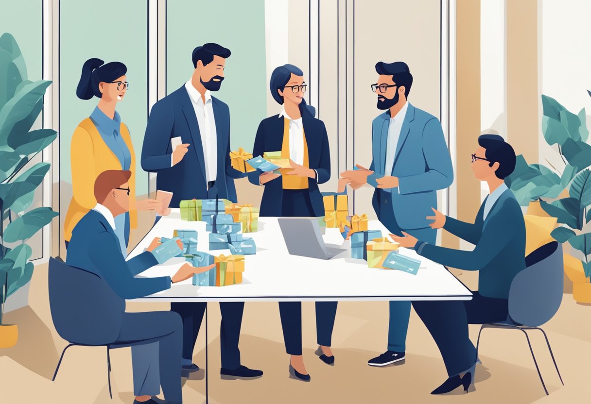 A group of professionals discussing and exchanging gift cards in a corporate setting, with a prominent "Frequently Asked Questions" sign displayed