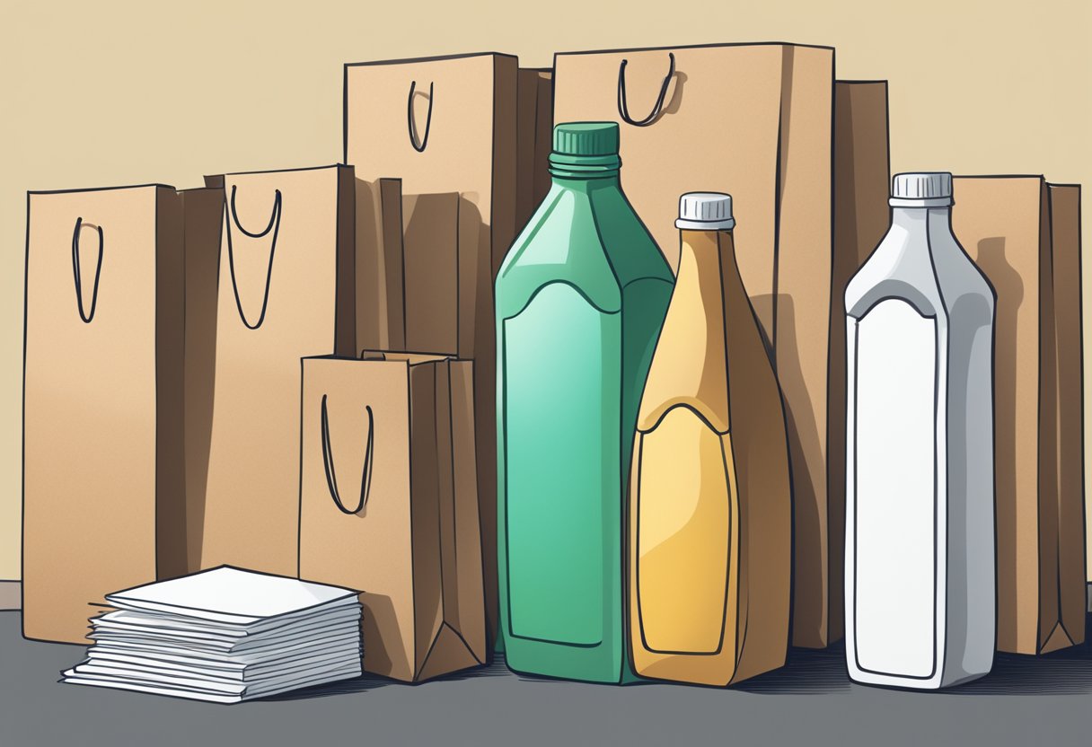 A bottle of Frequently Asked Questions stands next to paper bags