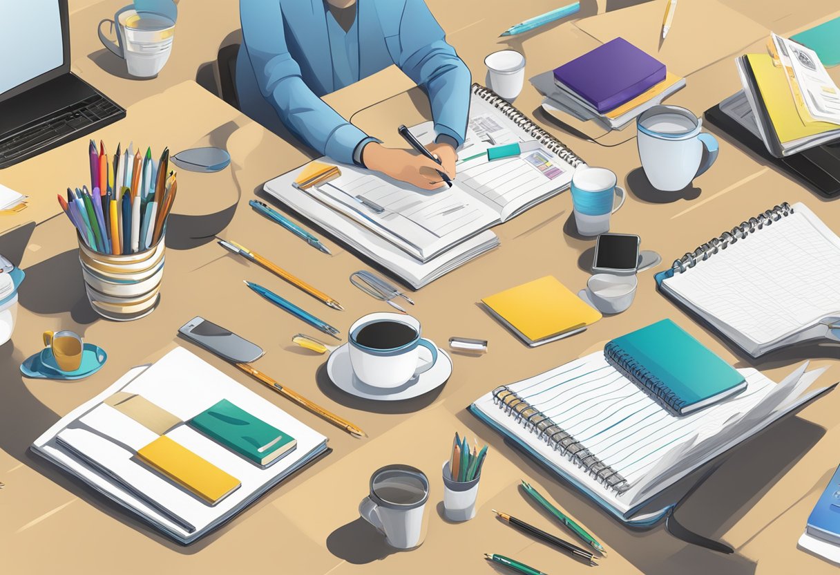 A table adorned with branded pens, notebooks, and mugs, surrounded by smiling employees