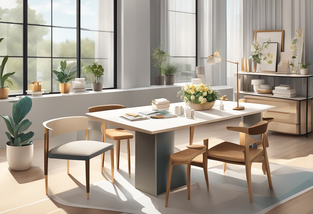 A table with branded gift boxes, a variety of products, and a thank you card. The room is filled with natural light and modern furniture