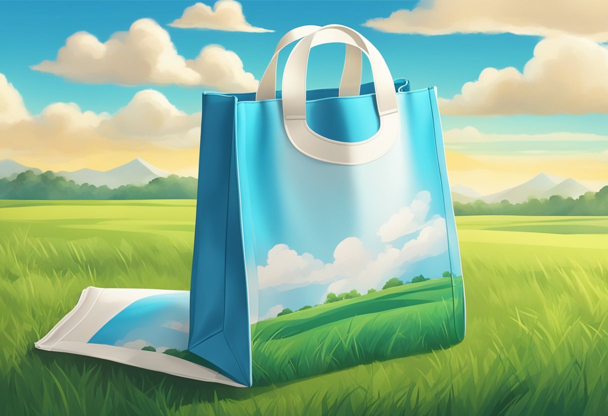 A foldable polyester bag lays open on a grassy field, with a bright blue sky and fluffy white clouds in the background