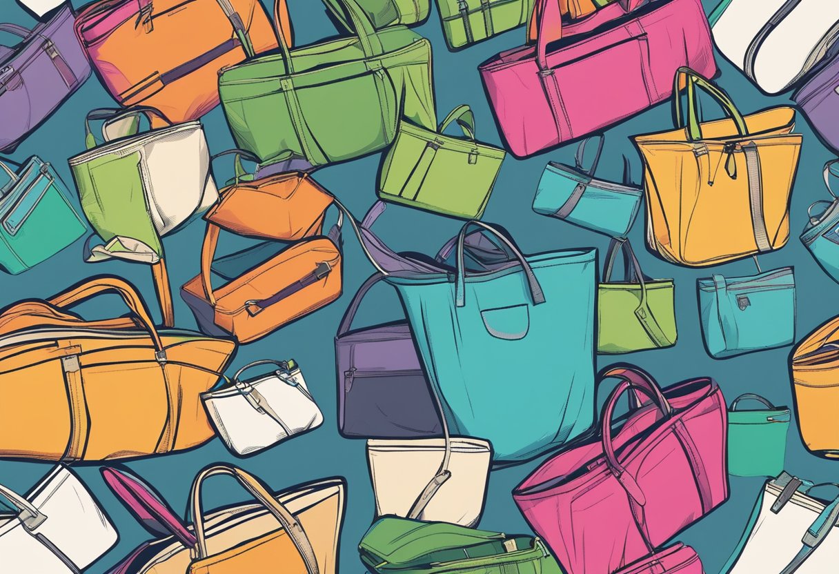 A colorful, durable polyester bag unfolds, showcasing its spacious interior and multiple compartments. A logo is prominently displayed on the front, and the bag is being used for shopping or travel