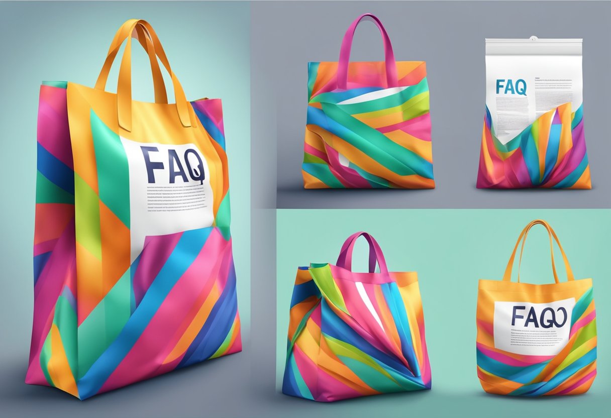 A colorful polyester bag unfolds with FAQ text visible