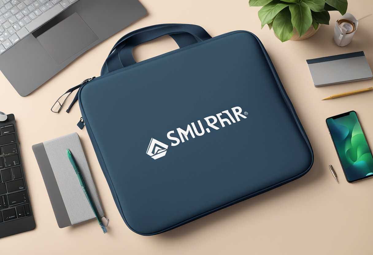 A laptop sleeve with the company logo sits on a desk surrounded by other corporate gifts like pens and notebooks