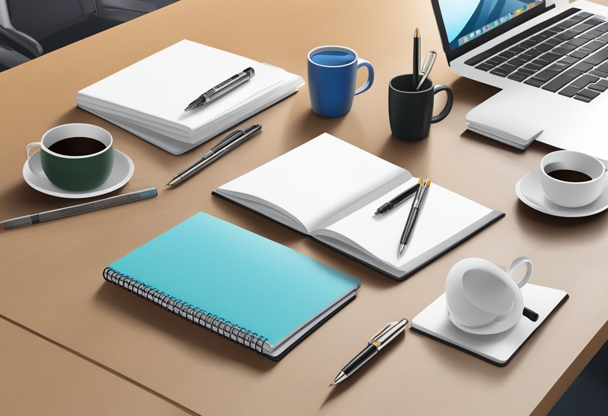 A table with branded pens, notebooks, and mugs. A logo displayed on each item. Clean and professional setting