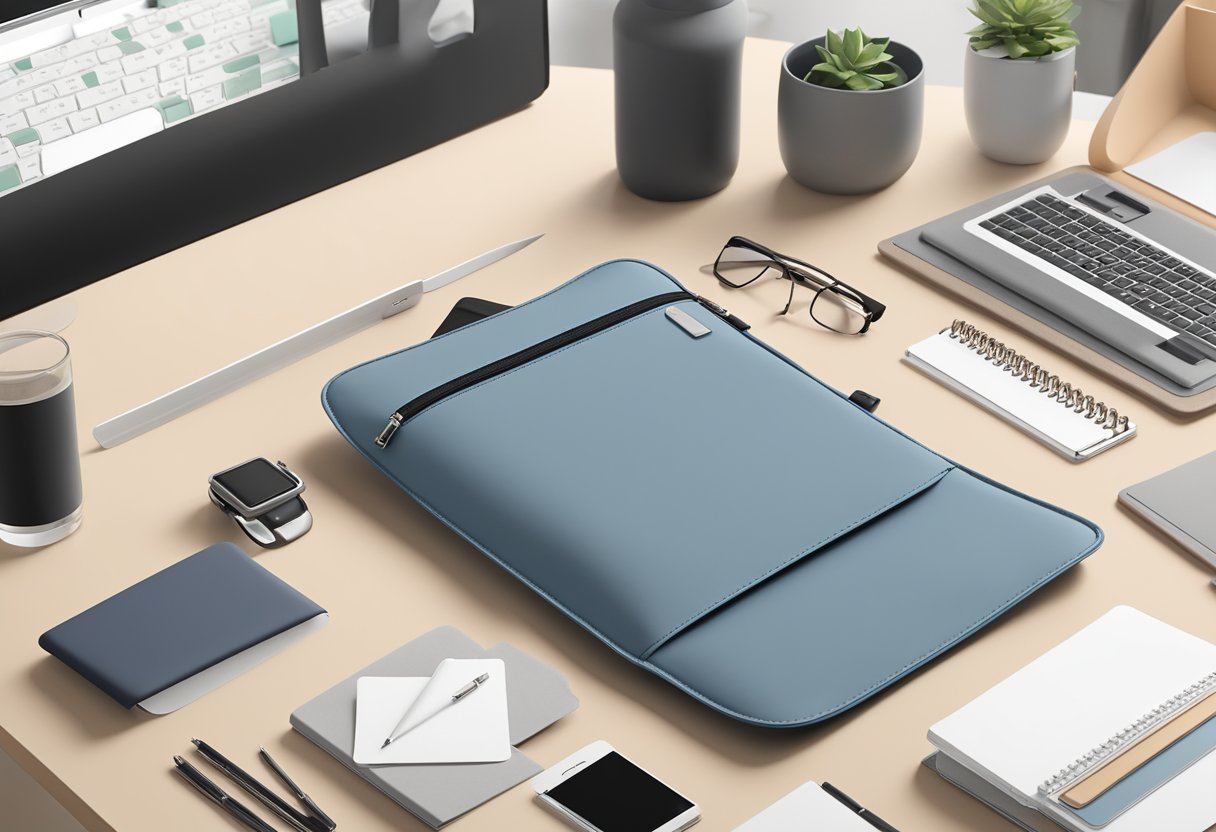 A sleek laptop sleeve with a modern design sits on a desk, surrounded by corporate gifts and office supplies