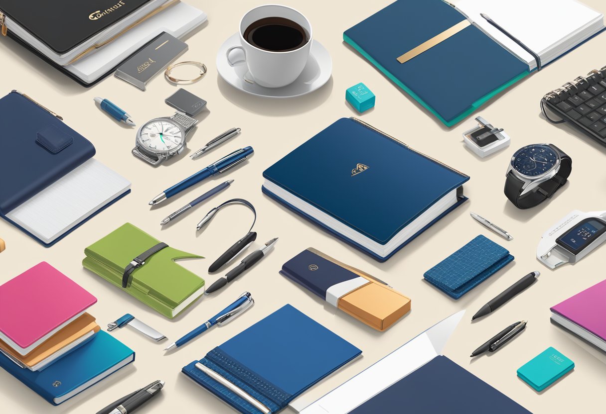 A table with various gift options: branded pens, elegant notebooks, tech gadgets, and gourmet gift baskets. A company logo prominently displayed on each item
