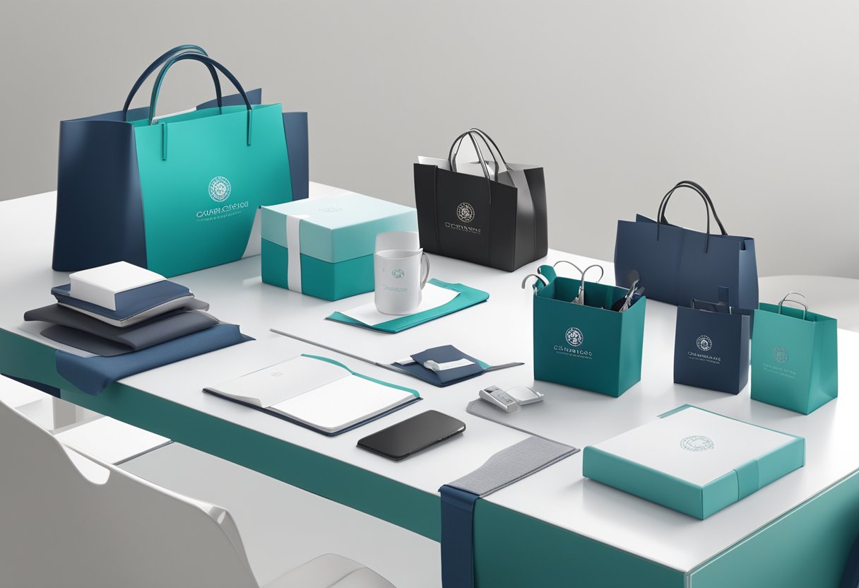 A table adorned with elegant corporate gifts in a sleek office setting in Singapore. The gifts are branded with company logos and neatly arranged for presentation