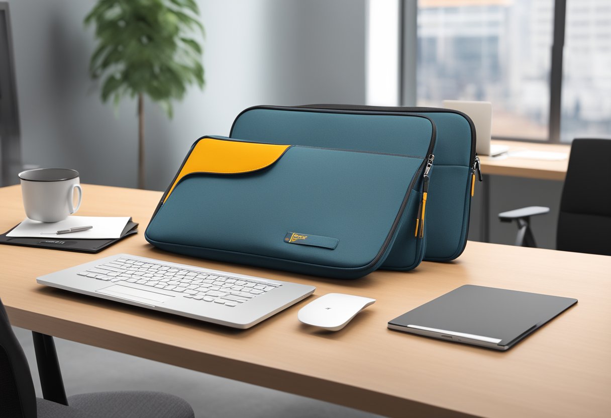 A laptop sleeve with customizable branding options displayed on a sleek desk with professional branding materials and a modern office backdrop