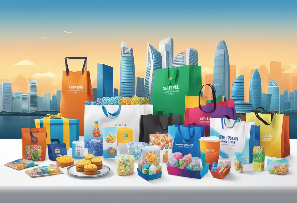 A table filled with branded corporate gifts, including printed door gifts and promotional items, set against a backdrop of the Singapore skyline